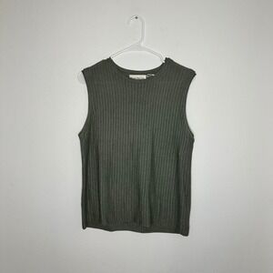 Barry Bricken Women Olive Green 100% Silk Ribbed Knit Sleeveless Tank Vest L